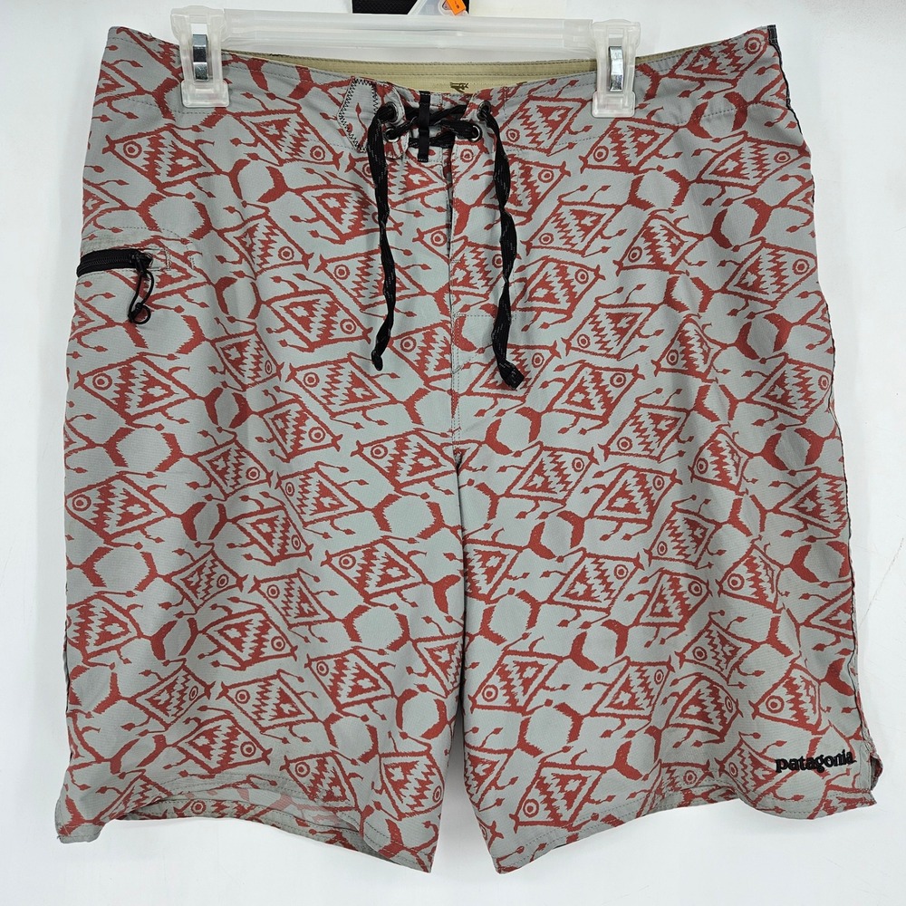 Patagonia Board Shorts Mens Sz 36 Swim Trunks Drawstring Gray Red‎ Summer Beach